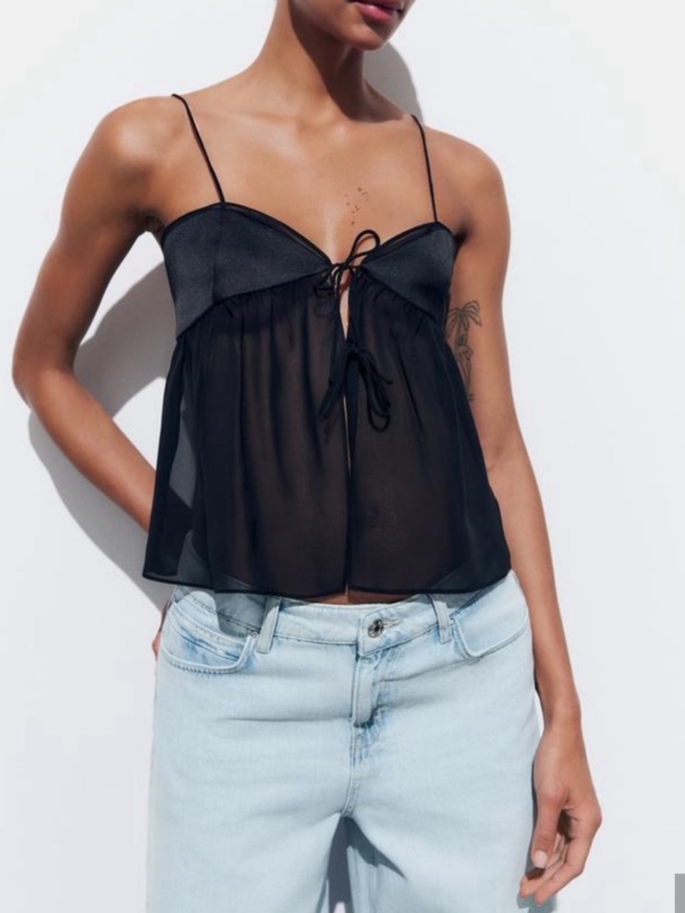 Zara BNWT Sheer Tie-Front Cami in Black